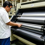 ** A vigilant factory worker noticing and reporting an unusual sound from a large printing press. The scene should emphasize early detection of a potential problem.

**