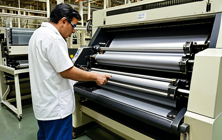 ** A vigilant factory worker noticing and reporting an unusual sound from a large printing press. The scene should emphasize early detection of a potential problem.

**