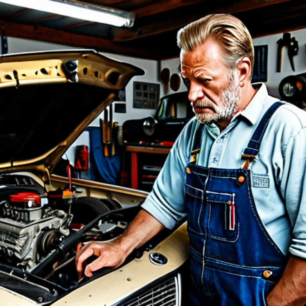 The Mechanic**
A seasoned bilmekaniker in a slightly cluttered garage, surrounded by tools and car parts. He's wearing slightly greasy overalls and has a focused expression as he works on a classic Volvo Amazon engine. The lighting is warm, highlighting the traditional tools and the grittiness of the environment. Consider including a classic Swedish "garage" calendar on the wall. safe for work, appropriate content, fully clothed, professional, perfect anatomy, natural proportions, high quality.
**