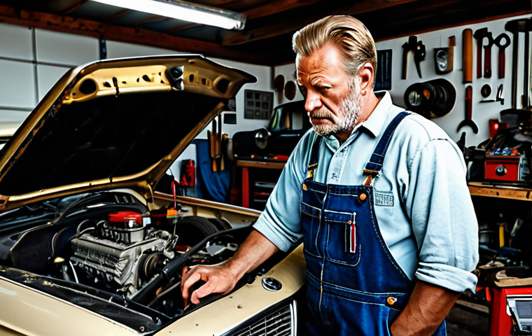 The Mechanic**
A seasoned bilmekaniker in a slightly cluttered garage, surrounded by tools and car parts. He's wearing slightly greasy overalls and has a focused expression as he works on a classic Volvo Amazon engine. The lighting is warm, highlighting the traditional tools and the grittiness of the environment. Consider including a classic Swedish "garage" calendar on the wall. safe for work, appropriate content, fully clothed, professional, perfect anatomy, natural proportions, high quality.
**