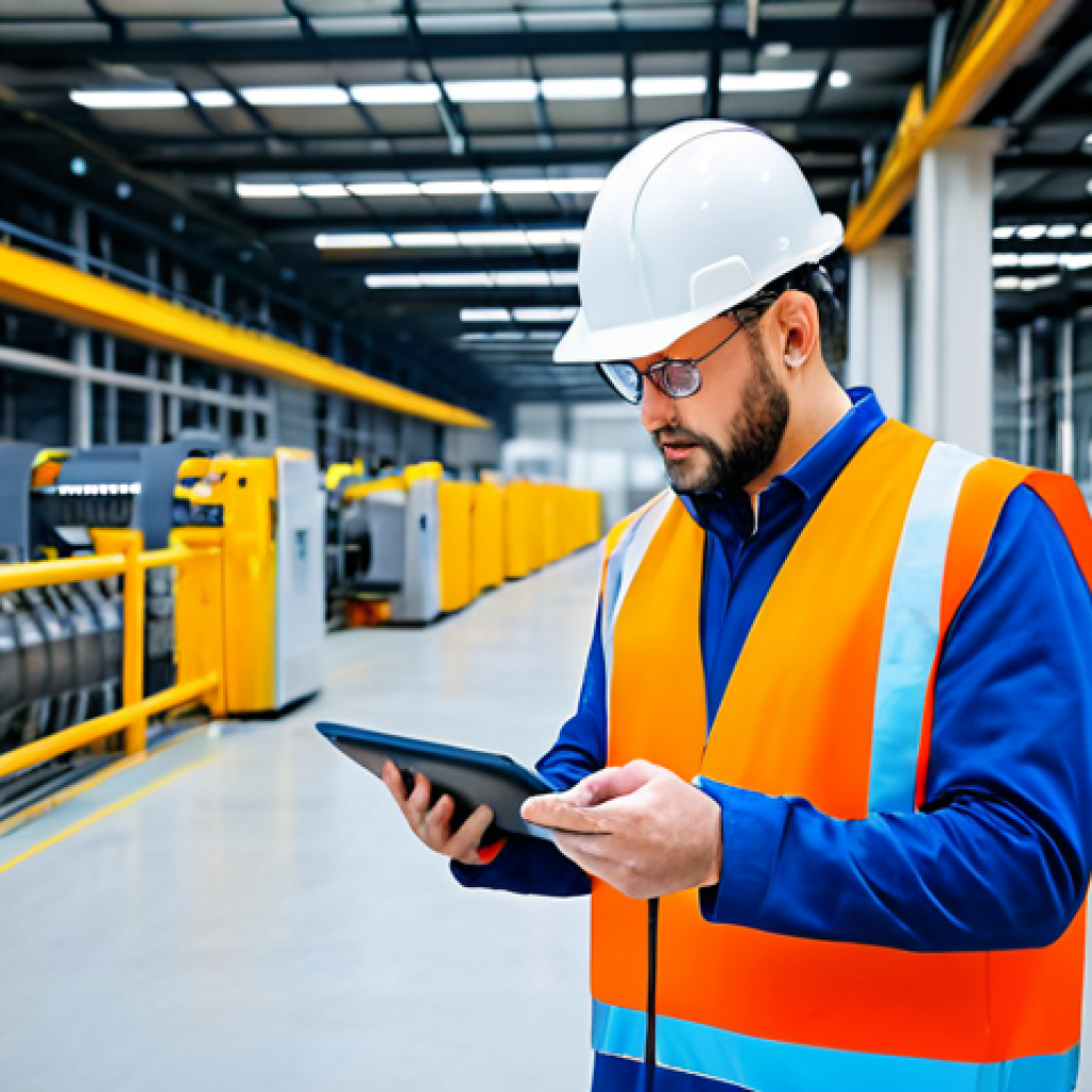 Certified Technician in a Modern Factory**
"A fully clothed, competent technician wearing appropriate safety gear, inspecting complex machinery in a brightly lit, modern factory setting. The technician is holding a tablet displaying real-time data. Focus on safety and professionalism, safe for work, professional setting, perfect anatomy, appropriate attire."
**