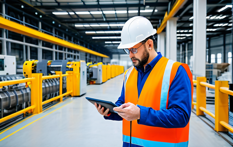 Certified Technician in a Modern Factory**
"A fully clothed, competent technician wearing appropriate safety gear, inspecting complex machinery in a brightly lit, modern factory setting. The technician is holding a tablet displaying real-time data. Focus on safety and professionalism, safe for work, professional setting, perfect anatomy, appropriate attire."
**