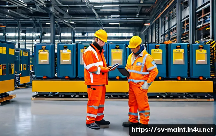 설비 유지보수 직무에서 꼭 알아야 할 안전 규칙 - A detailed industrial maintenance scene in a Swedish factory setting: a diverse group of workers wea...