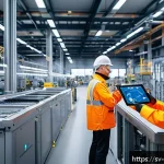 공장 자동화와 설비 유지보수의 연계 - A modern industrial factory interior showcasing advanced smart maintenance technology: prominently f...