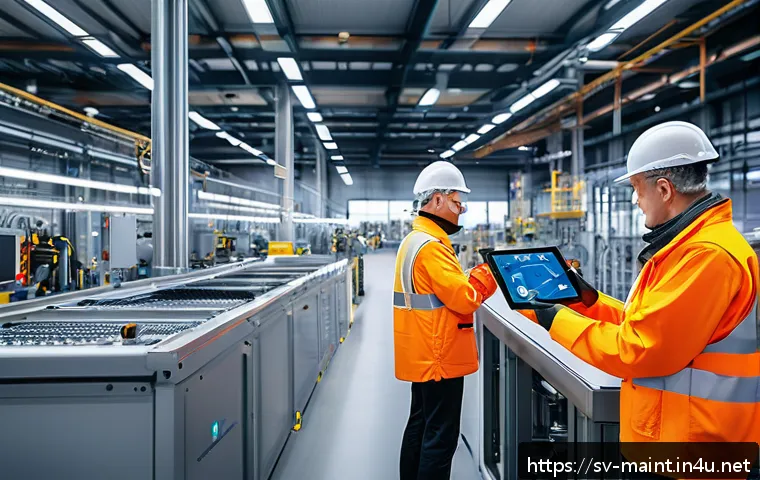 공장 자동화와 설비 유지보수의 연계 - A modern industrial factory interior showcasing advanced smart maintenance technology: prominently f...