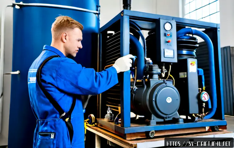 압축기 설비 유지보수 실무 - Photorealistic Swedish industrial maintenance workshop, experienced technician in clean blue coveral...