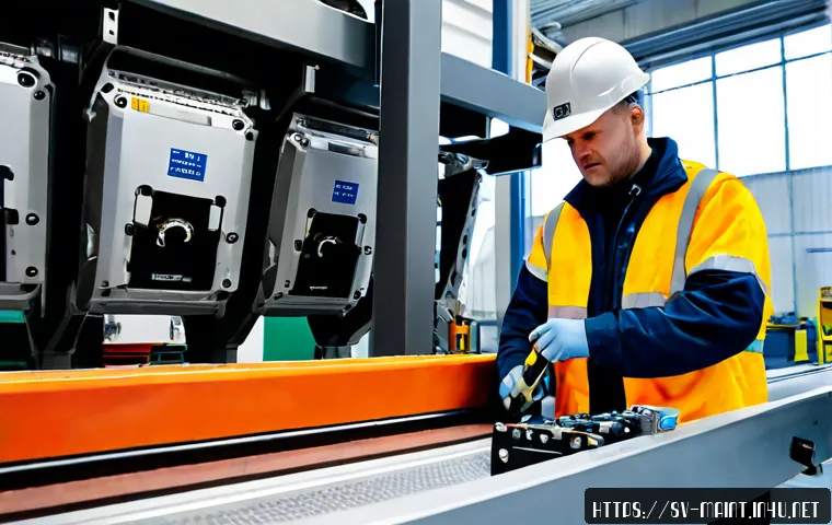 생산설비 긴급수리 대응 사례 - Photorealistic emergency repair in a modern Swedish manufacturing plant, two maintenance technicians...